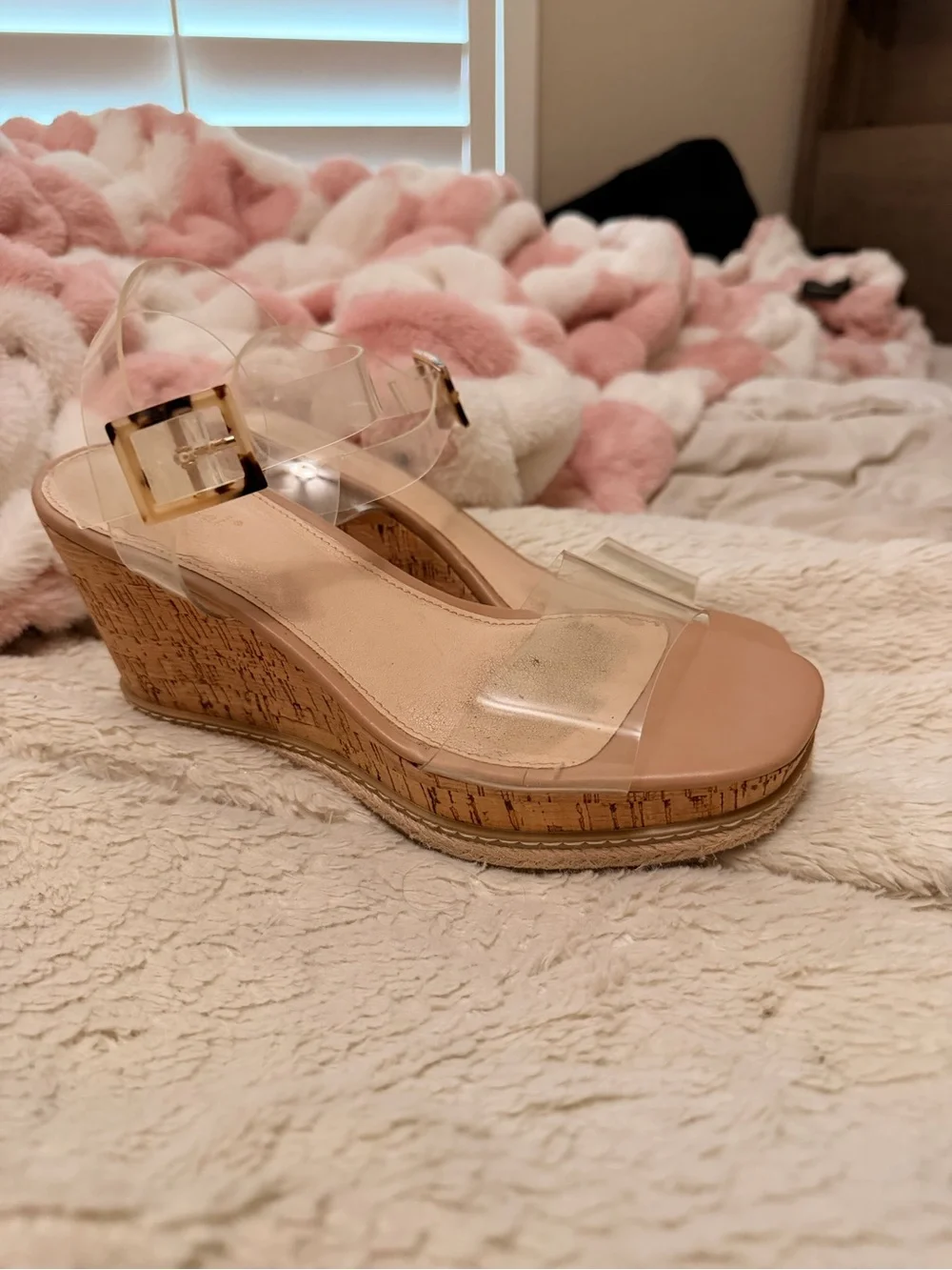 Clear Strap Cork Wedge Sandals - Nude